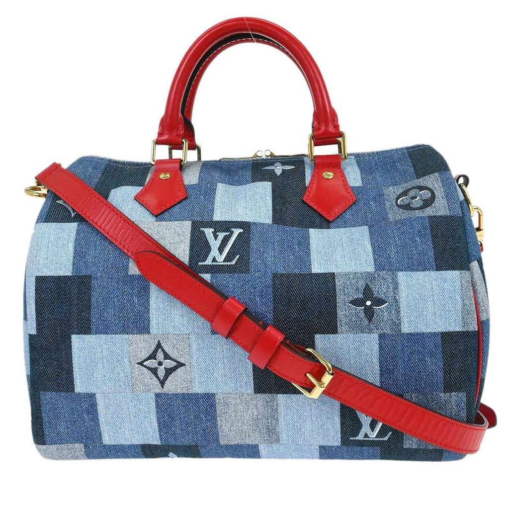 Louis Vuitton Speedy Bandouliere Bag Damier And Monogram Patchwork Denim Blue Denim_Jeans Handbag