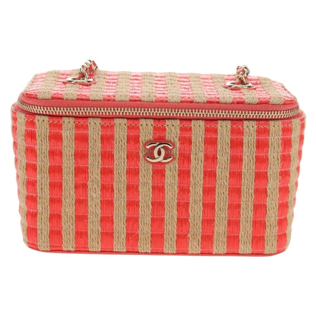Chanel Classic Vanity Case With Chain Striped Raffia And Jute Beige Canvas Clutche & Pouche Bag