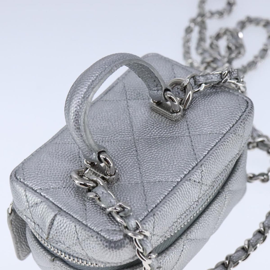 Chanel Classic Vanity Case With Chain Quilted Caviar Silver Leather Shoulder Bag Bag