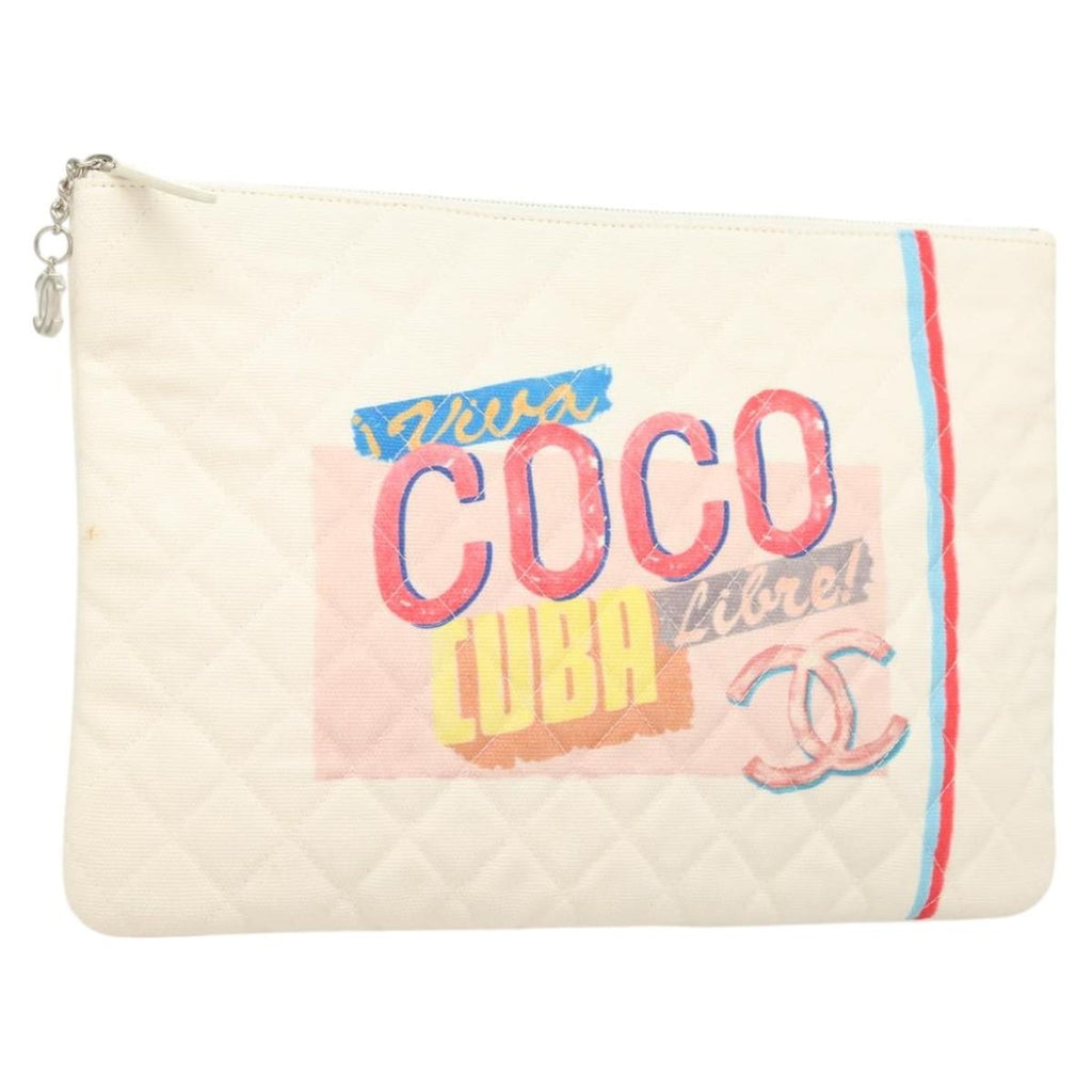 Chanel Coco Cuba Pouch Printed Quilted Canvas White Canvas Bag