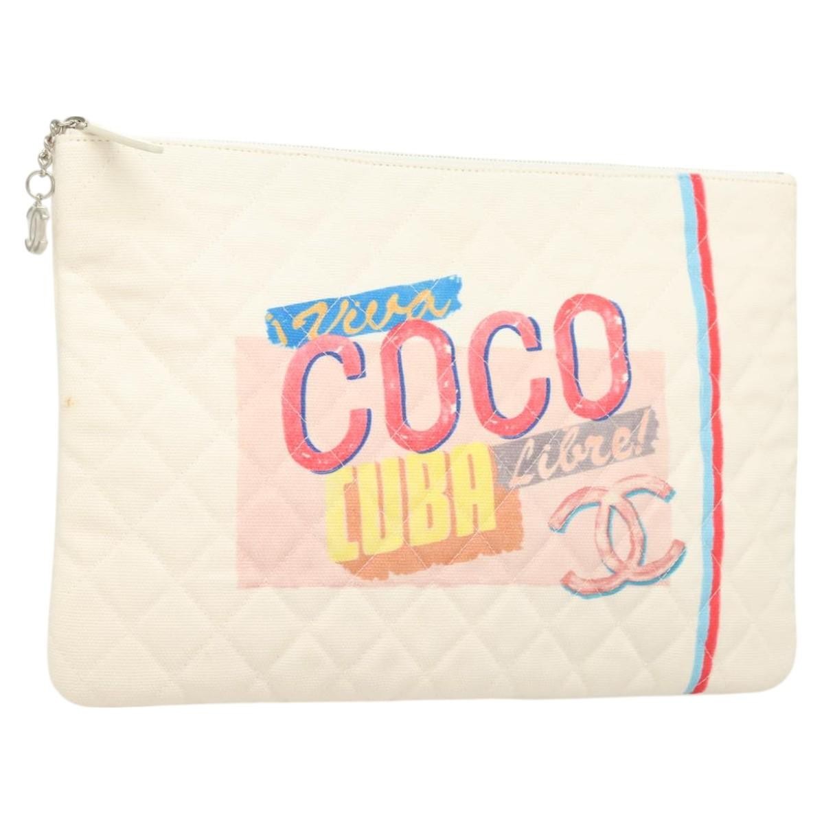 Chanel Coco Cuba Pouch Printed Quilted Canvas White Canvas Bag