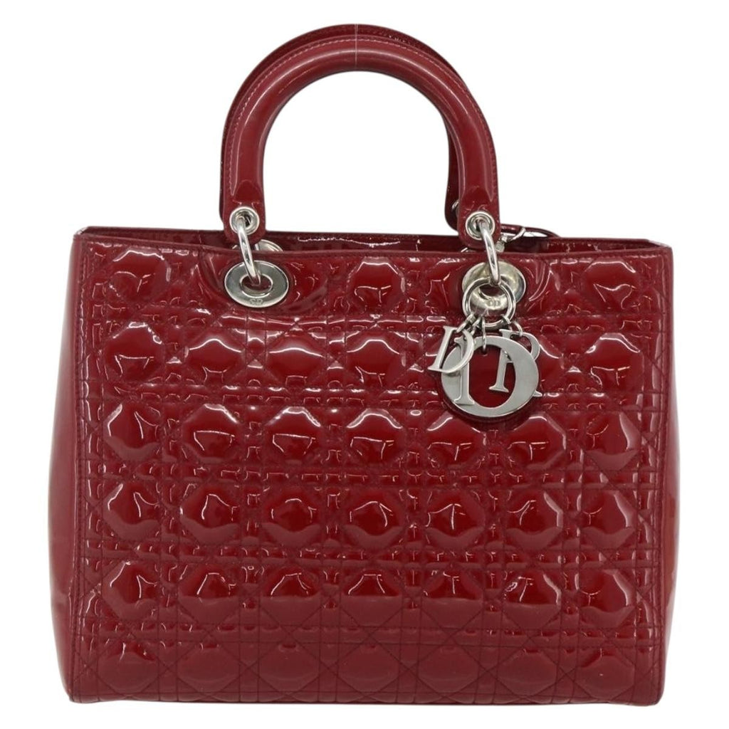 Christian Dior Lady Dior Bag Cannage Quilt Patent Red Patent_Leather Handbag (Pre-Owned)