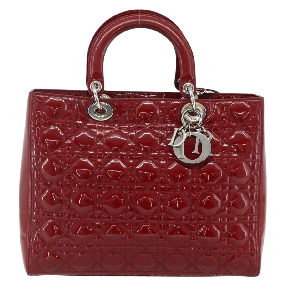 Christian Dior Lady Dior Bag Cannage Quilt Patent Red Patent_Leather Handbag (Pre-Owned)