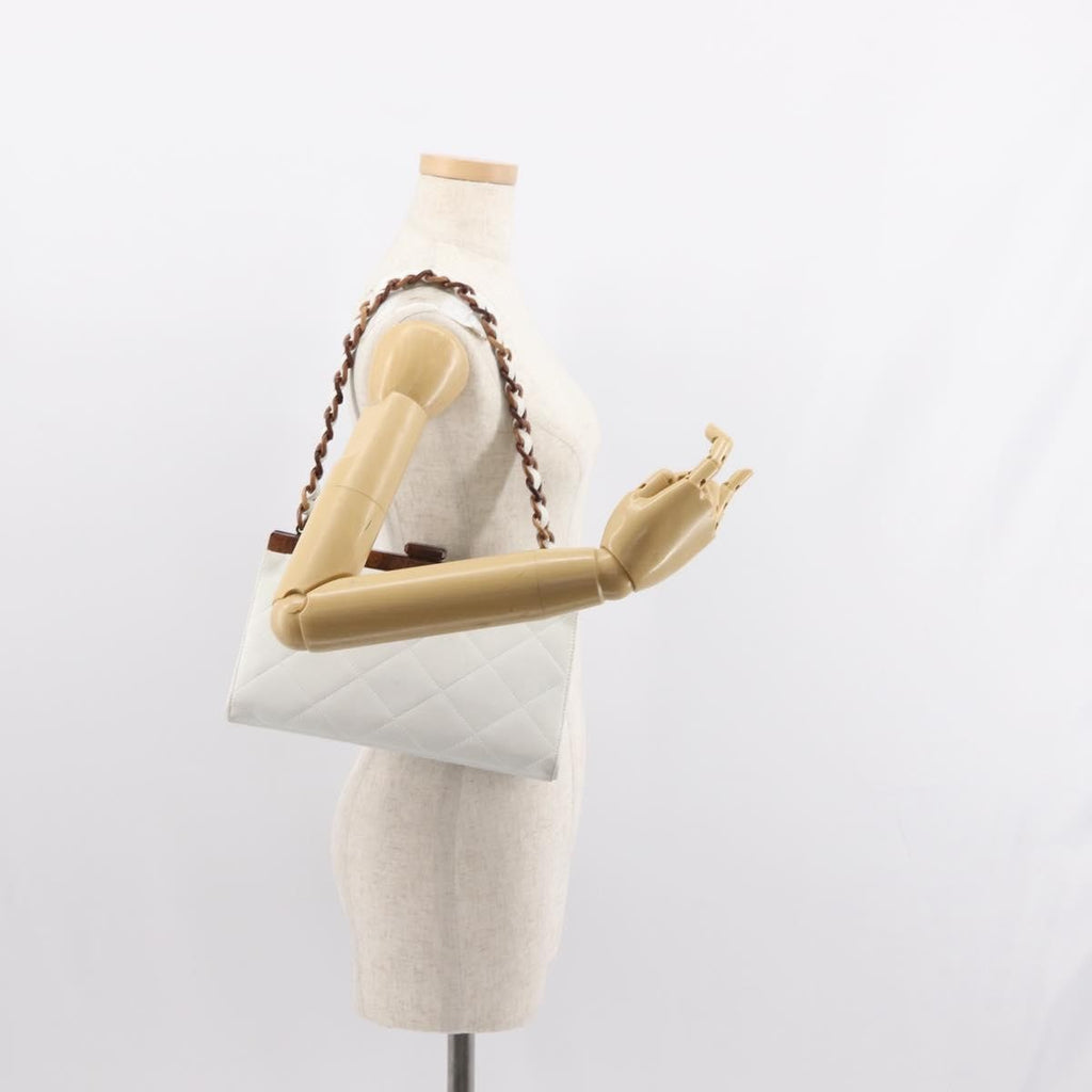 Chanel Wooden Frame Striped Shoulder Bag Leather White Leather Shoulder Bag Bag