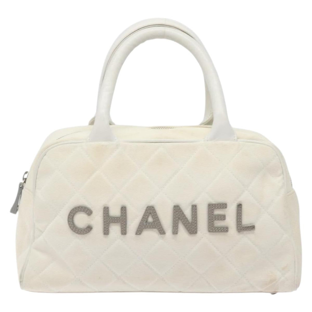 Chanel Vintage Logo Bowler Bag Quilted Canvas White Canvas Handbag