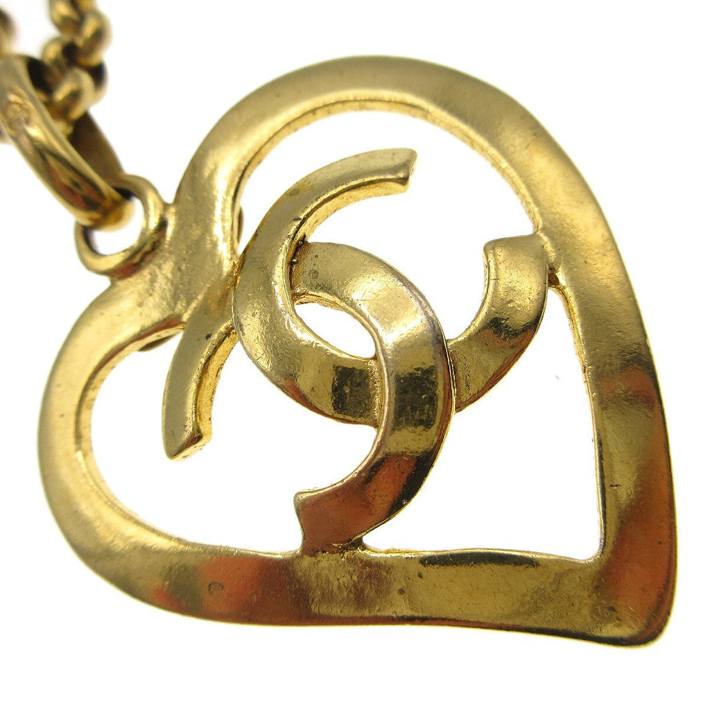 Chanel Cc Heart Pendant Necklace Metal Gold Gold_Plated Necklace Jewelry