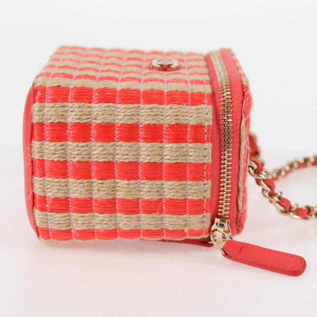 Chanel Classic Vanity Case With Chain Striped Raffia And Jute Red Canvas Shoulder Bag Bag