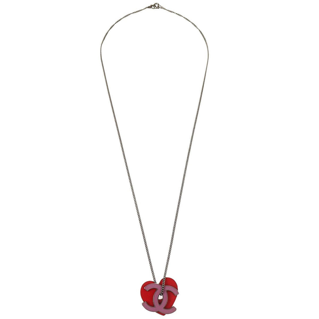 Chanel Cc Heart Pendant Metal Red Silver_Plated Necklace Jewelry