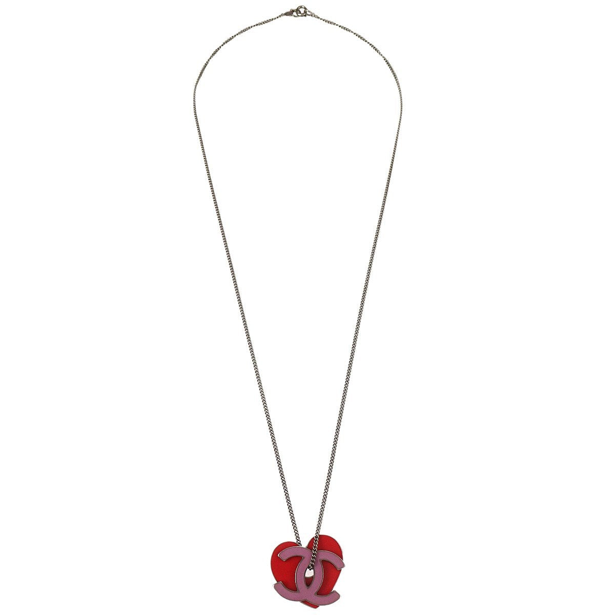 Chanel Cc Heart Pendant Metal Red Silver_Plated Necklace Jewelry