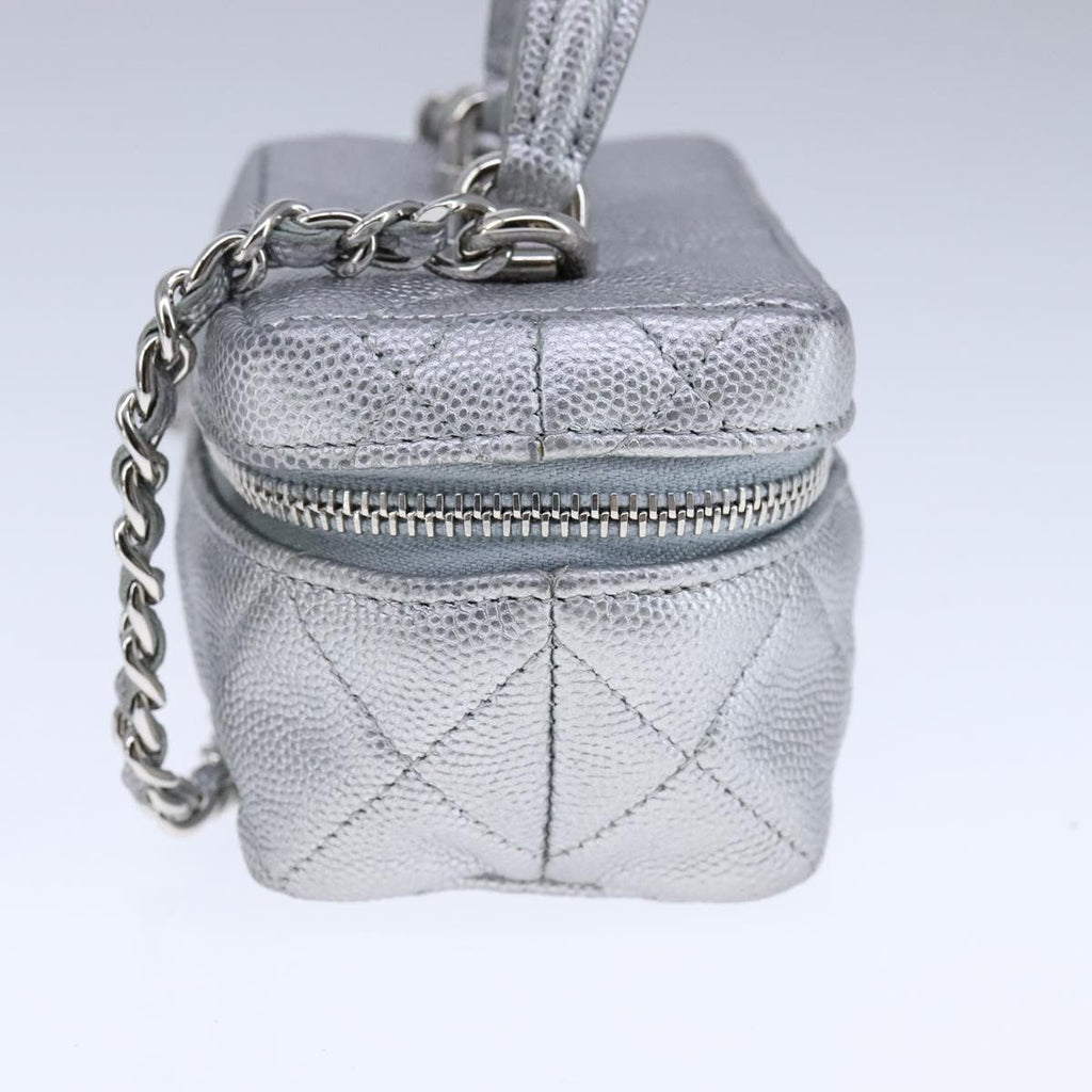 Chanel Classic Vanity Case With Chain Quilted Caviar Silver Leather Shoulder Bag Bag