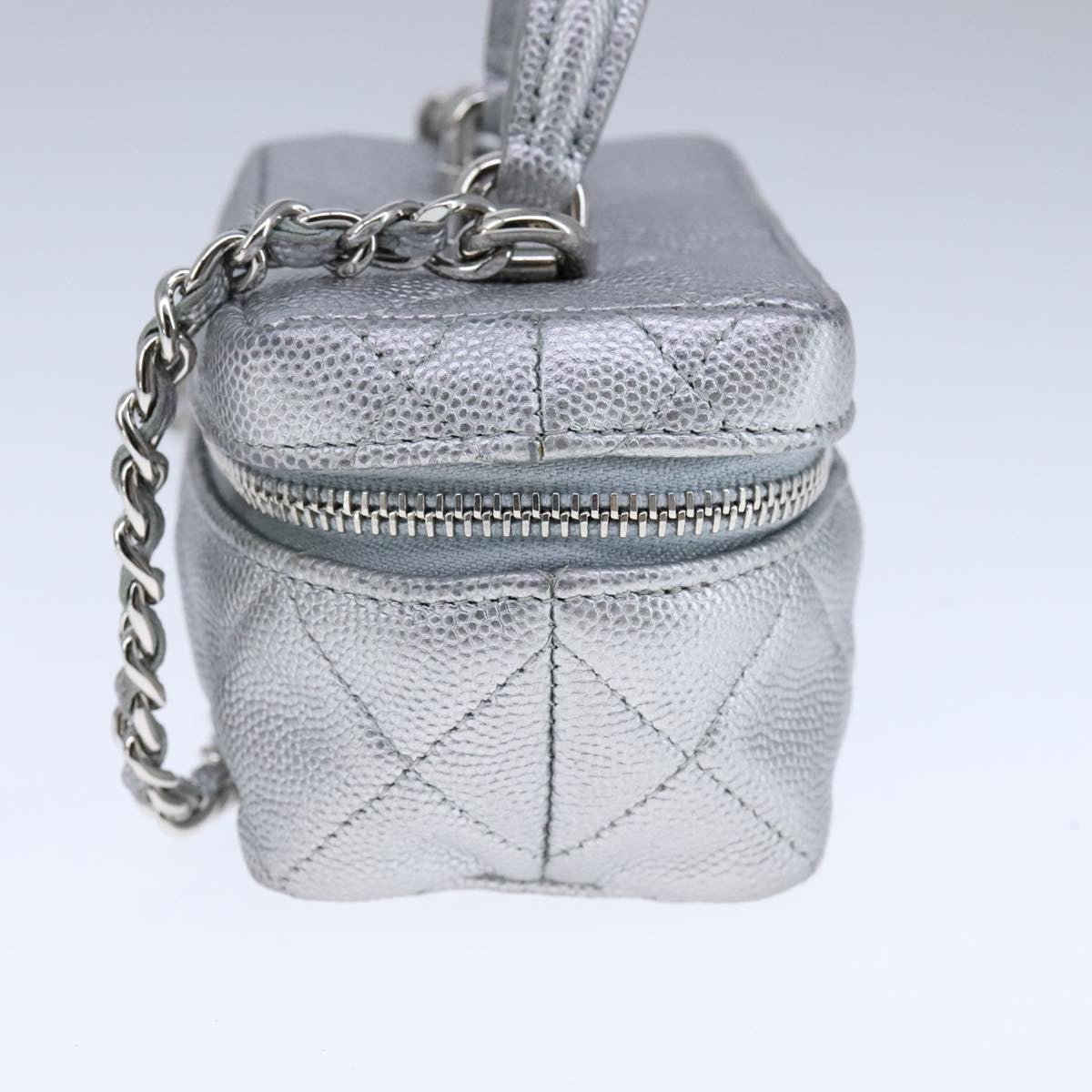 Chanel Classic Vanity Case With Chain Quilted Caviar Silver Leather Shoulder Bag Bag