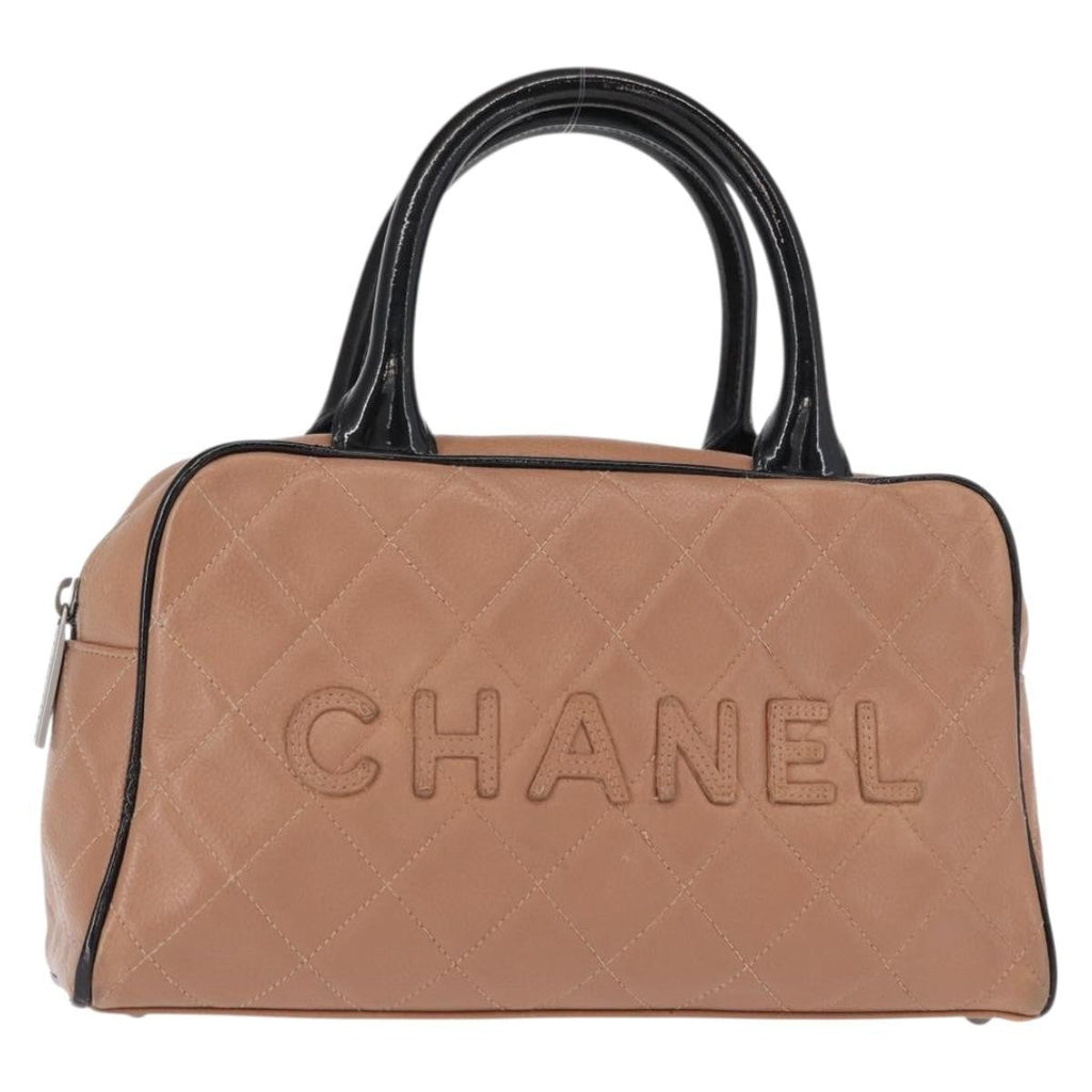 Chanel Embossed Logo Bowler Bag Quilted Caviar Beige Leather Handbag