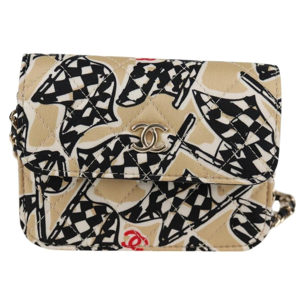 Chanel Flap Card Holder On Chain Quilted Printed Canvas Beige Nylon Shoulder Bag Bag