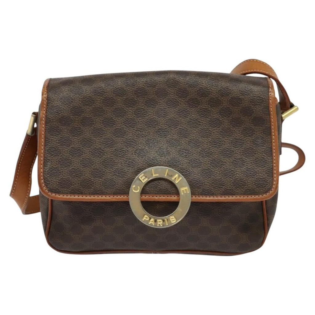 Celine Vintage Macadam Circle Logo Shoulder Bag Canvas And Leather Brown Canvas Shoulder Bag Bag