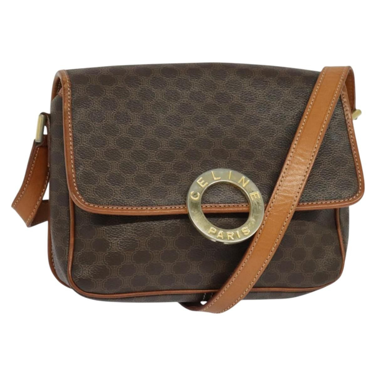 Celine Vintage Macadam Circle Logo Shoulder Bag Canvas And Leather Brown Canvas Shoulder Bag Bag