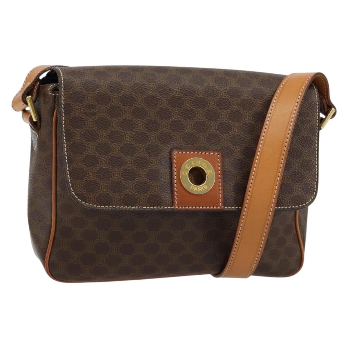 Celine Vintage Macadam Circle Logo Shoulder Bag Canvas And Leather Brown Canvas Shoulder Bag Bag
