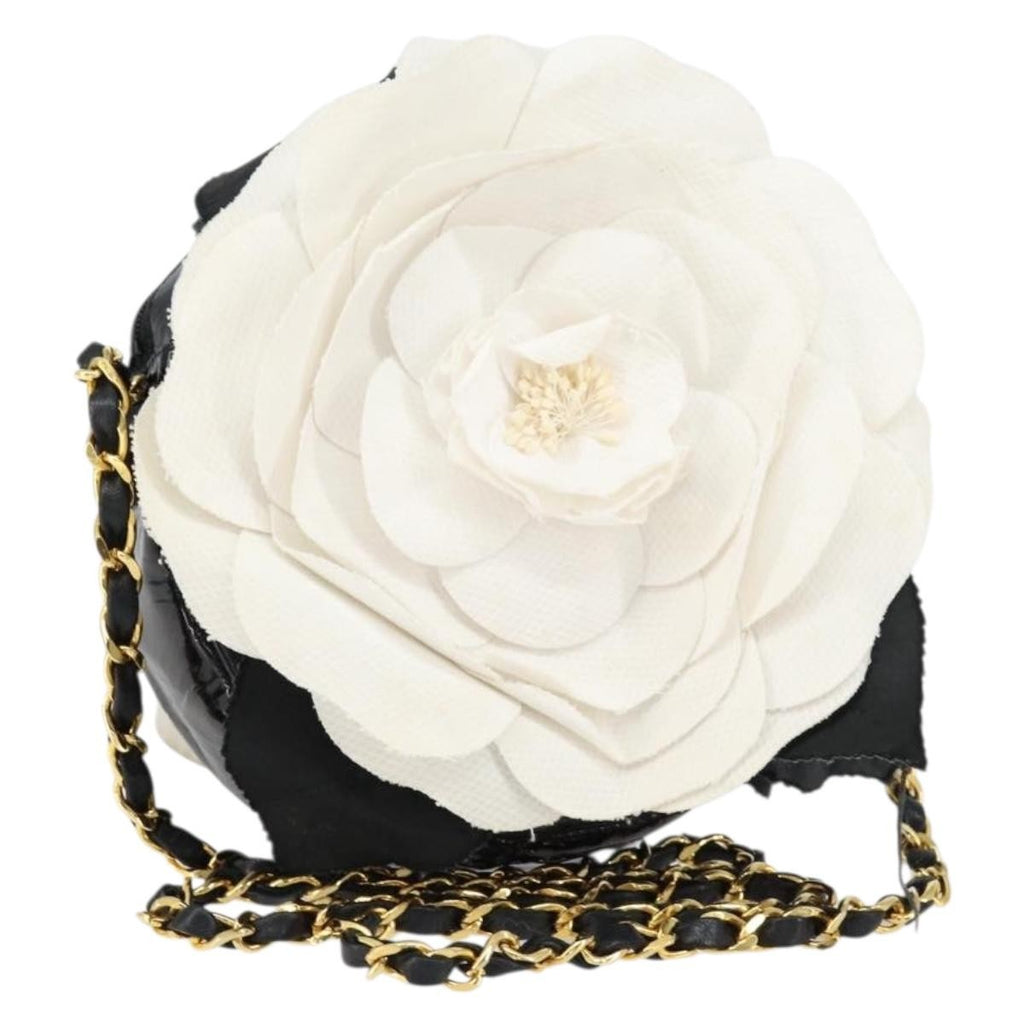 Chanel Vintage Camellia Round Evening Bag Lambskin And Satin Black Patent_Leather Clutche & Pouche Bag