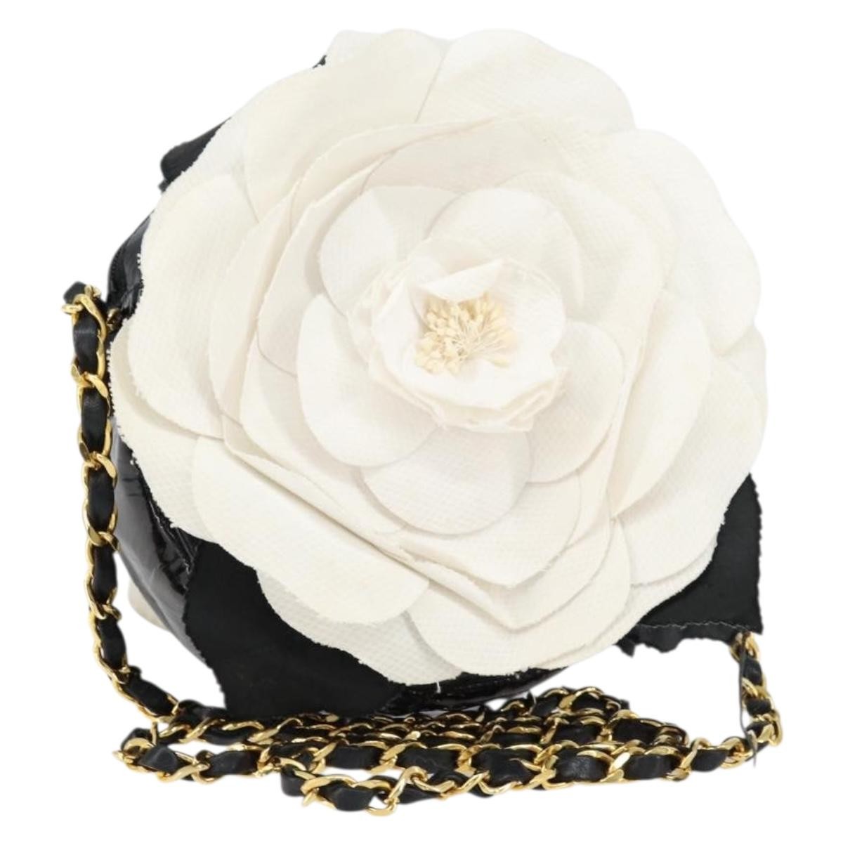 Chanel Vintage Camellia Round Evening Bag Lambskin And Satin Black Patent_Leather Clutche & Pouche Bag