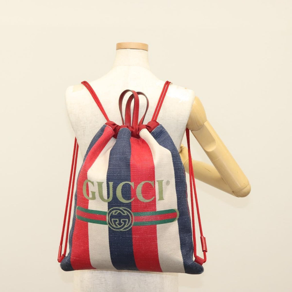 Gucci Logo Drawstring Backpack Striped Canvas Multicolour Canvas Backpack Bag (Pre-Owned)