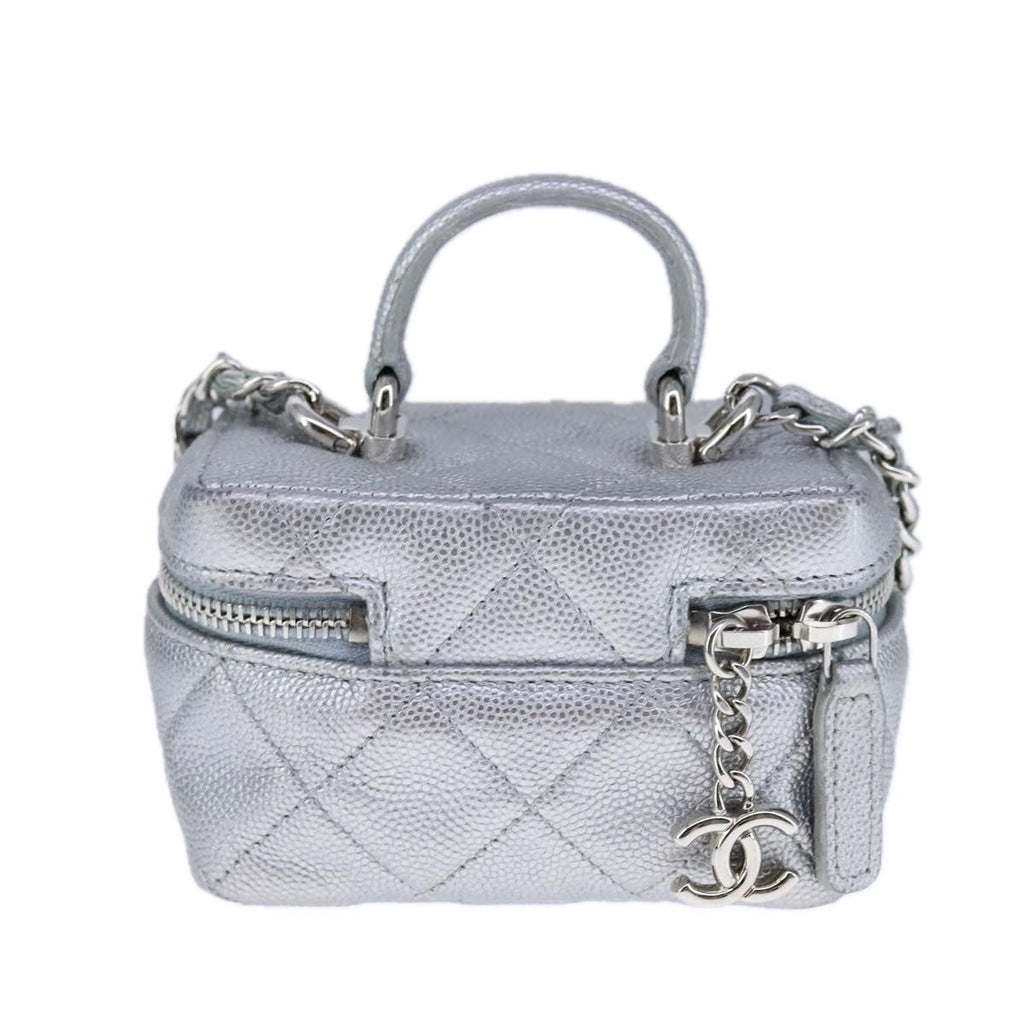 Chanel Classic Vanity Case With Chain Quilted Caviar Silver Leather Shoulder Bag Bag