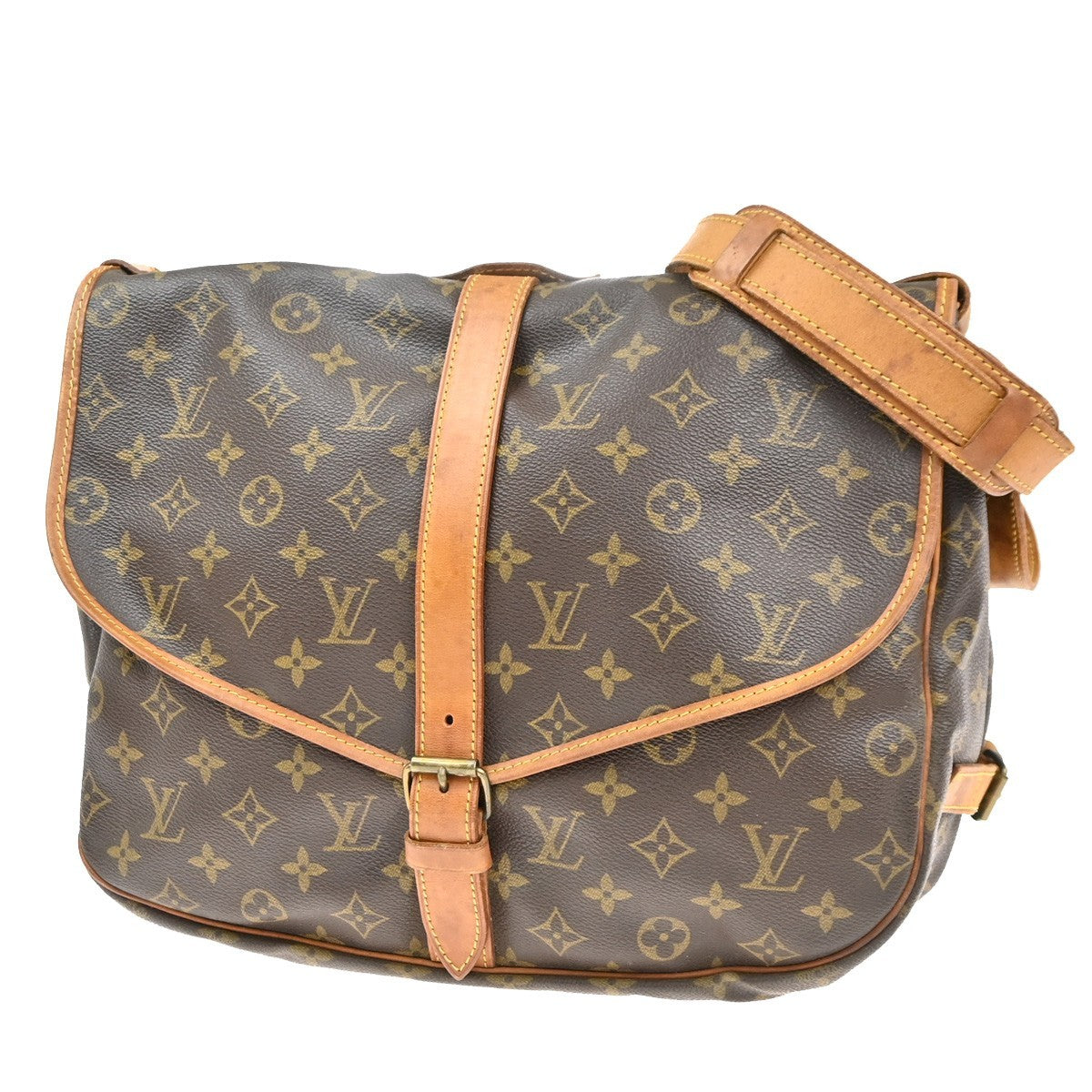 Louis Vuitton Saumur Handbag Monogram Canvas Brown Leather Shoulder Bag