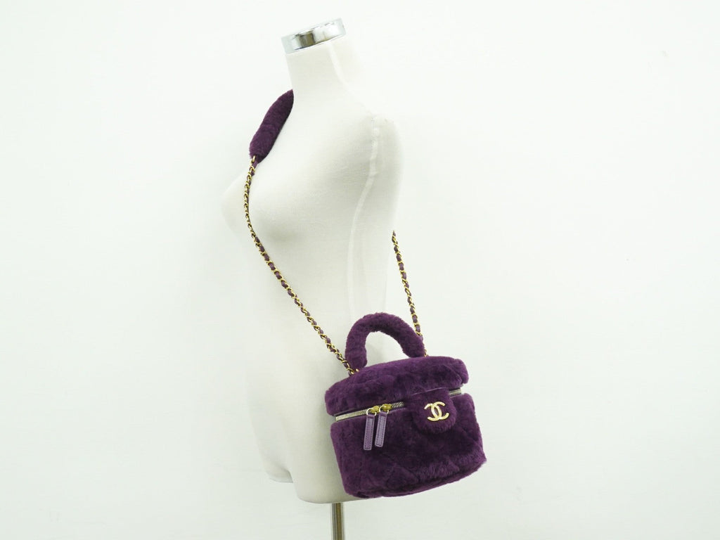 Chanel Coconing Top Handle Vanity Case With Chain Quilted Shearling Purple Faux_Fur Clutche & Pouche Bag