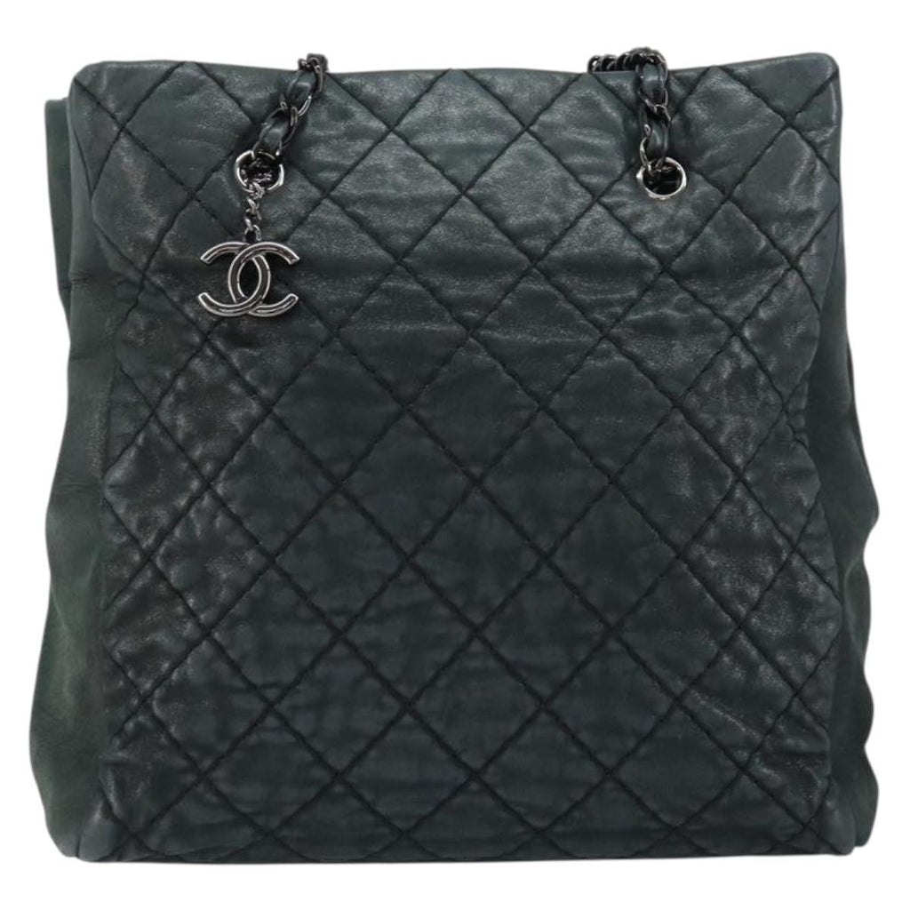 Chanel Cc Charm Tote Quilted Iridescent Calfskin Green Leather Tote Bag Bag
