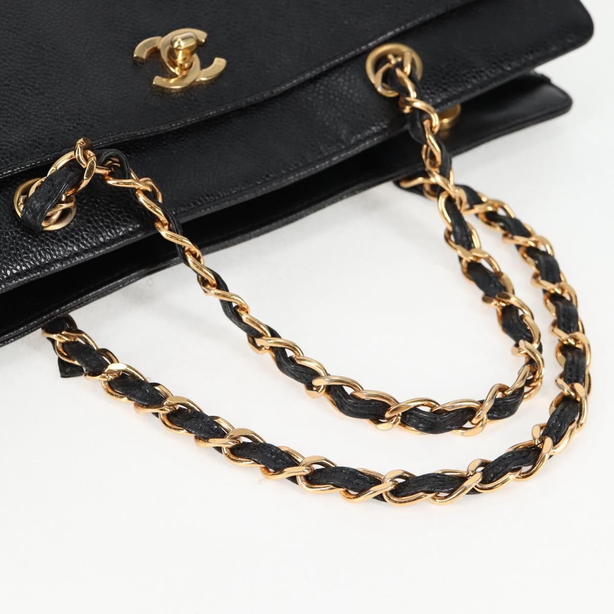 Chanel Vintage Cc Lock Pocket Chain Tote Caviar Black Leather Tote Bag Bag