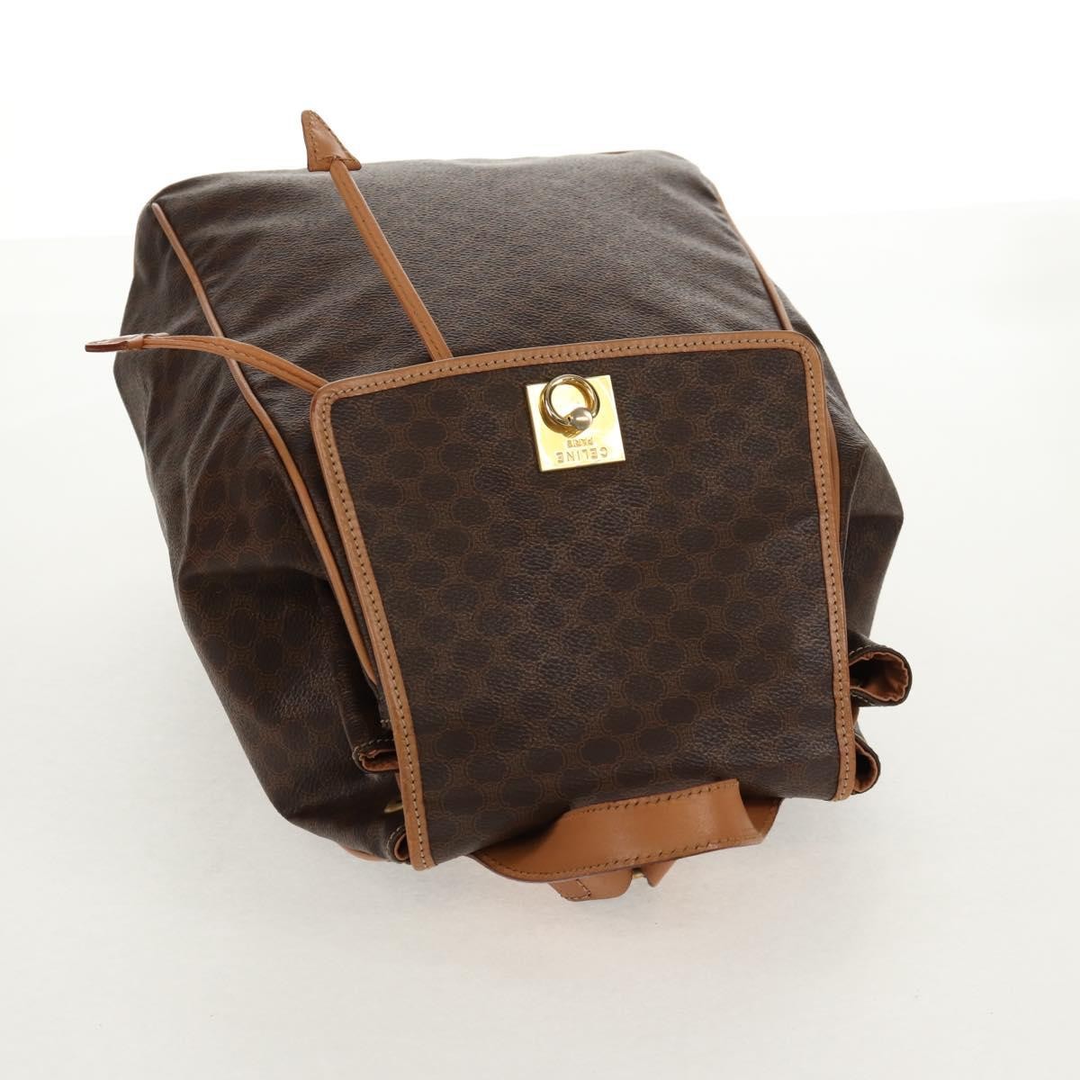 Celine Vintage Drawstring Flap Backpack Macadam Coated Canvas Brown Canvas Backpack Bag