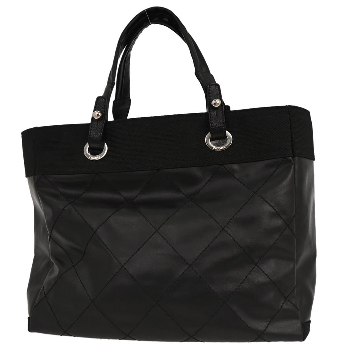 Chanel Biarritz Tote Quilted Coated Canvas Black Leather Tote Bag Bag