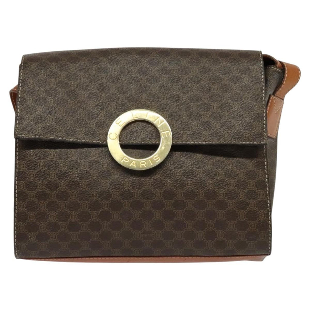 Celine Vintage Macadam Circle Logo Shoulder Bag Canvas And Leather Brown Canvas Shoulder Bag Bag