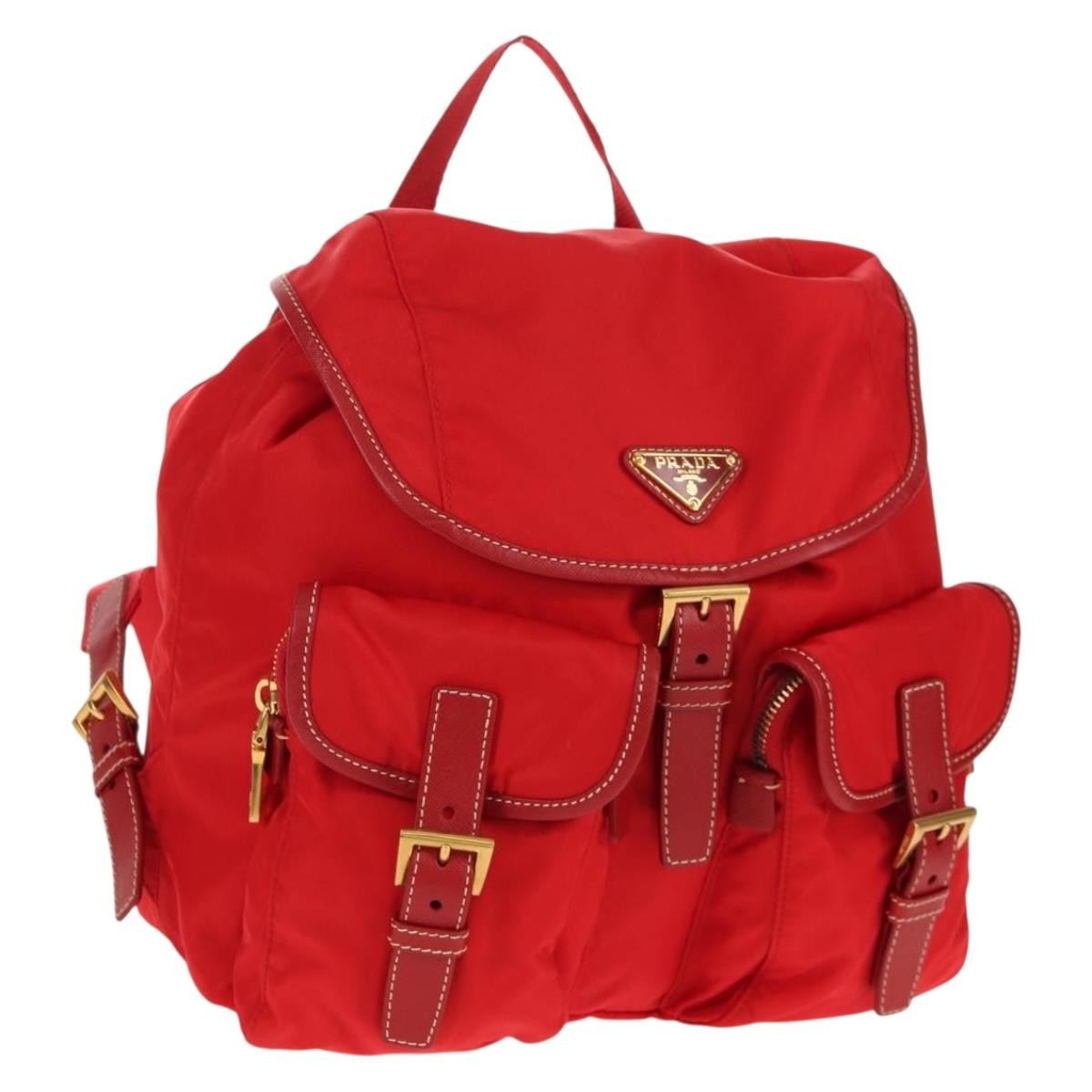 Prada Vela Double Front Pocket Backpack Tessuto With Saffiano Leather Red Nylon Backpack Bag