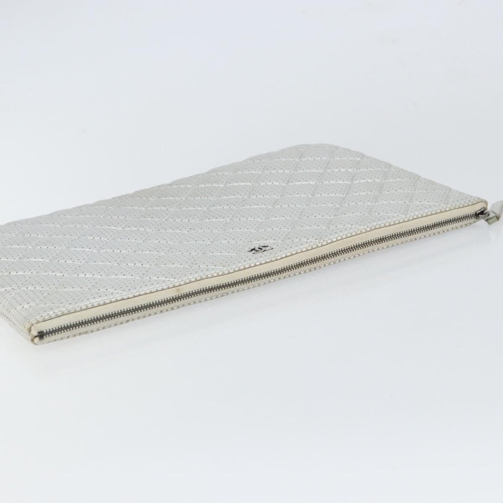 Chanel O Case Clutch Quilted Perforated Lambskin Silver Leather Clutche & Pouche Bag