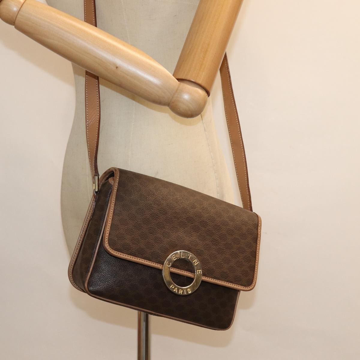 Celine Circle Logo Shoulder Bag Canvas Brown Canvas Shoulder Bag Bag