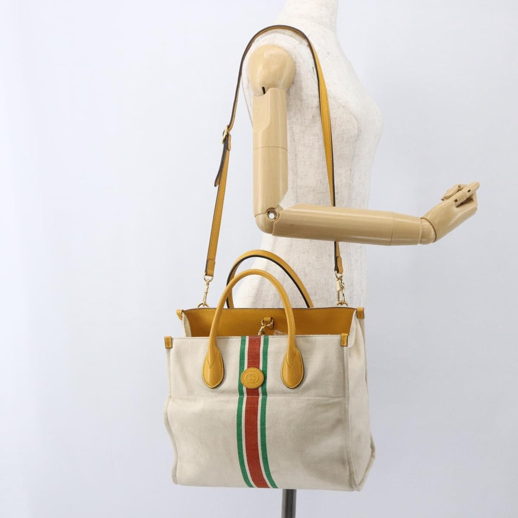 Gucci Foldable Web Tote Canvas With Leather Beige Canvas Tote Bag Bag (Pre-Owned)