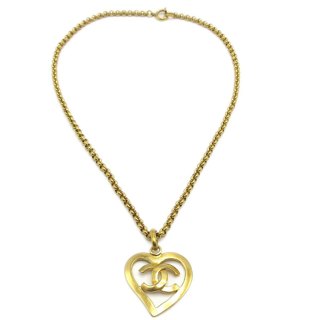 Chanel Cc Heart Pendant Necklace Metal Gold Gold_Plated Necklace Jewelry
