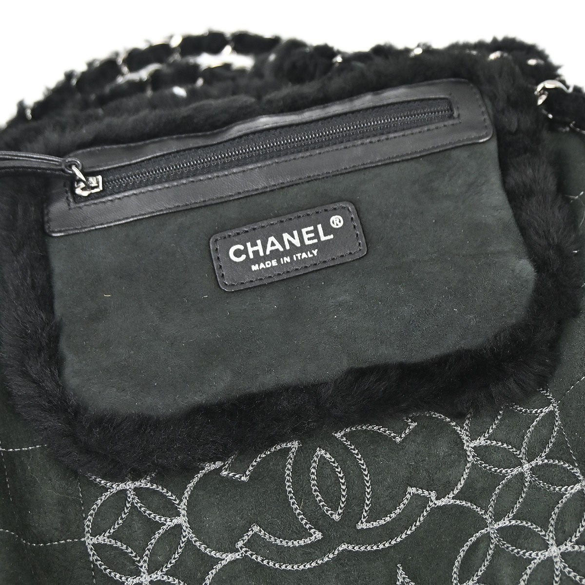 Chanel Vintage Embroidered Cc Chain Tote Quilted Suede And Shearling Black Suede Tote Bag Bag