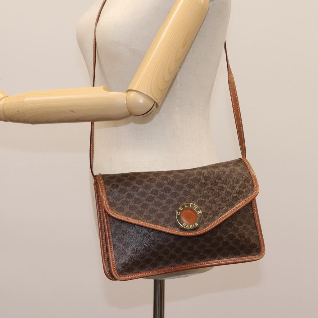 Celine Vintage Macadam Circle Logo Shoulder Bag Canvas And Leather Brown Canvas Shoulder Bag Bag