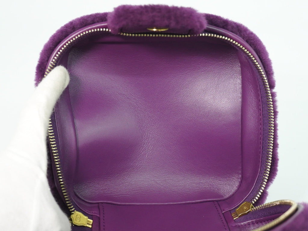Chanel Coconing Top Handle Vanity Case With Chain Quilted Shearling Purple Faux_Fur Clutche & Pouche Bag