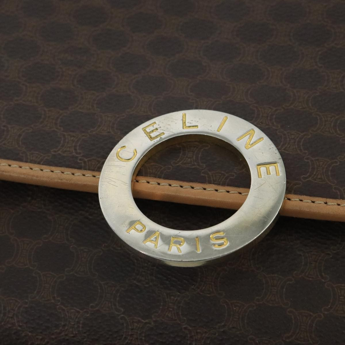 Celine Vintage Macadam Circle Logo Shoulder Bag Canvas And Leather Brown Canvas Shoulder Bag Bag