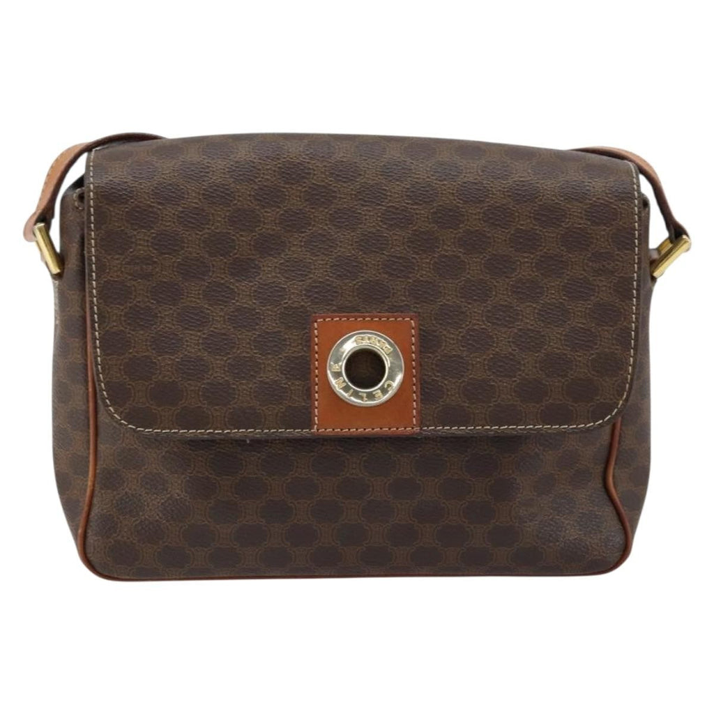 Celine Vintage Macadam Circle Logo Shoulder Bag Canvas And Leather Brown Canvas Shoulder Bag Bag