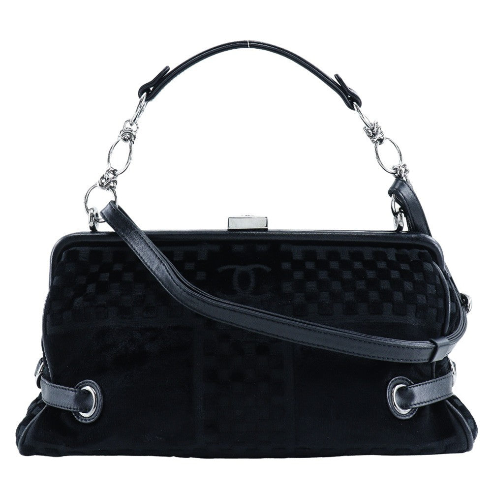 Chanel Vintage Cc Side Belted Bowler Bag Check Embossed Velvet Black Velvet Shoulder Bag Bag