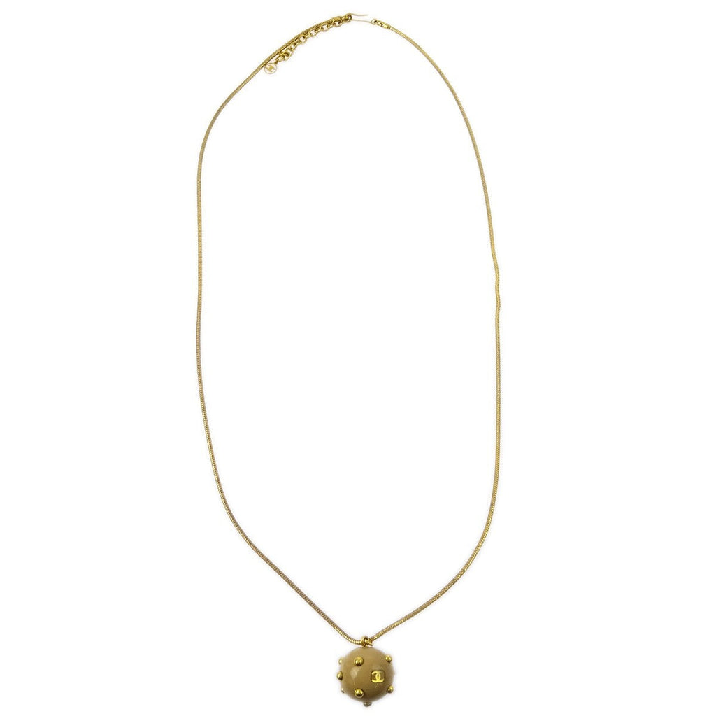 Chanel Vintage Cc Ball Pendant Necklace Metal And Enamel Beige Gold_Plated Necklace Jewelry