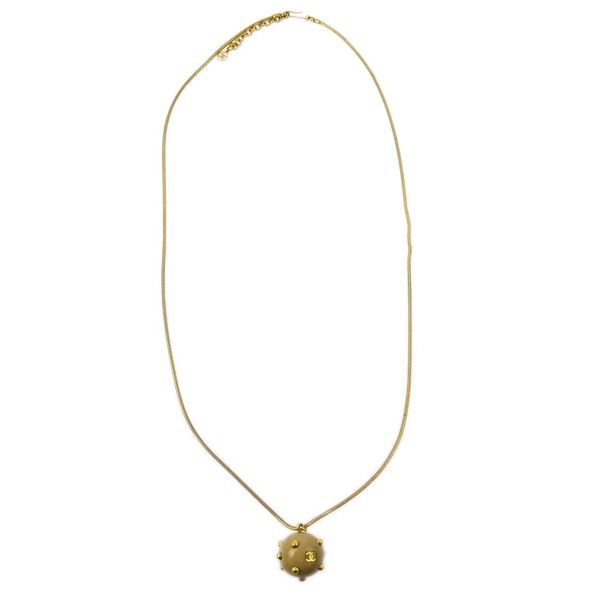 Chanel Vintage Cc Ball Pendant Necklace Metal And Enamel Beige Gold_Plated Necklace Jewelry