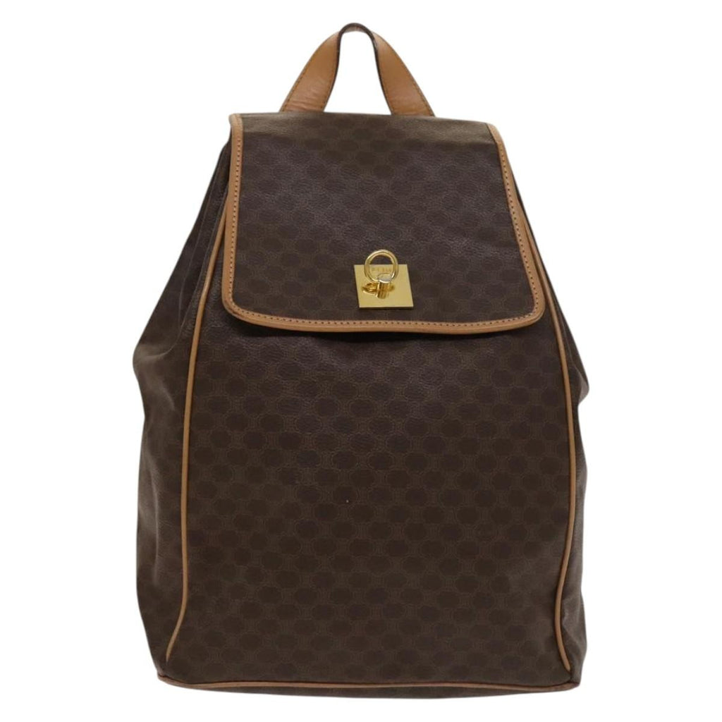 Celine Vintage Drawstring Flap Backpack Macadam Coated Canvas Brown Canvas Backpack Bag