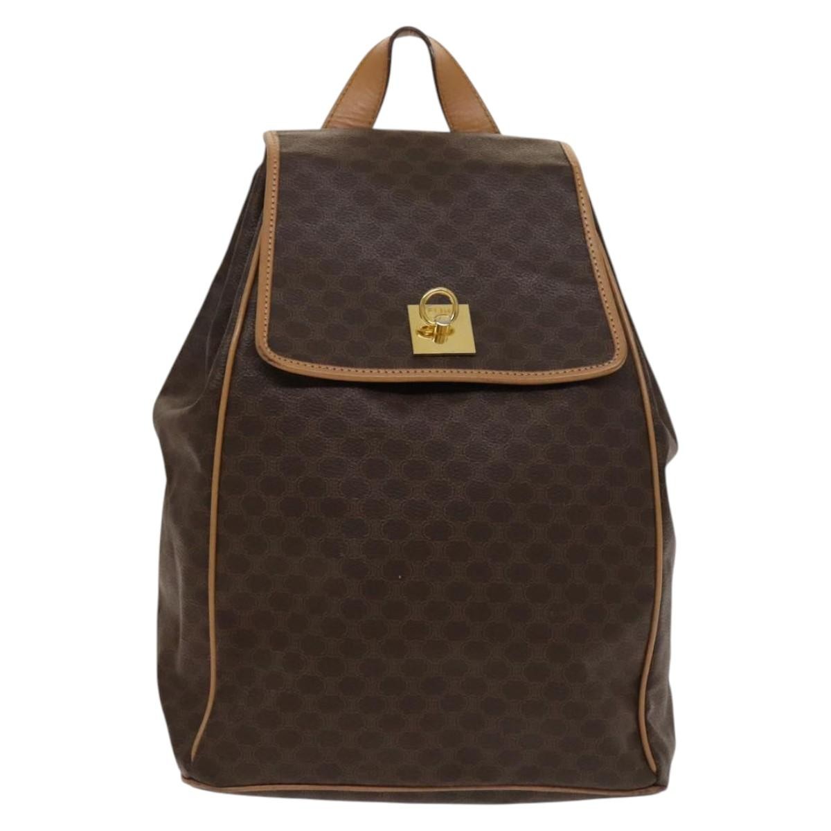 Celine Vintage Drawstring Flap Backpack Macadam Coated Canvas Brown Canvas Backpack Bag
