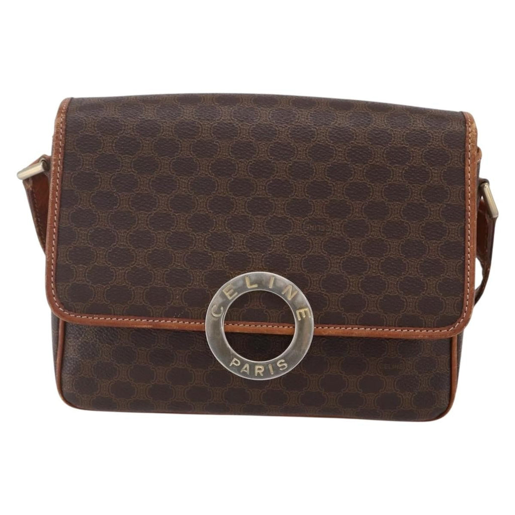 Celine Vintage Macadam Circle Logo Shoulder Bag Canvas And Leather Brown Canvas Shoulder Bag Bag