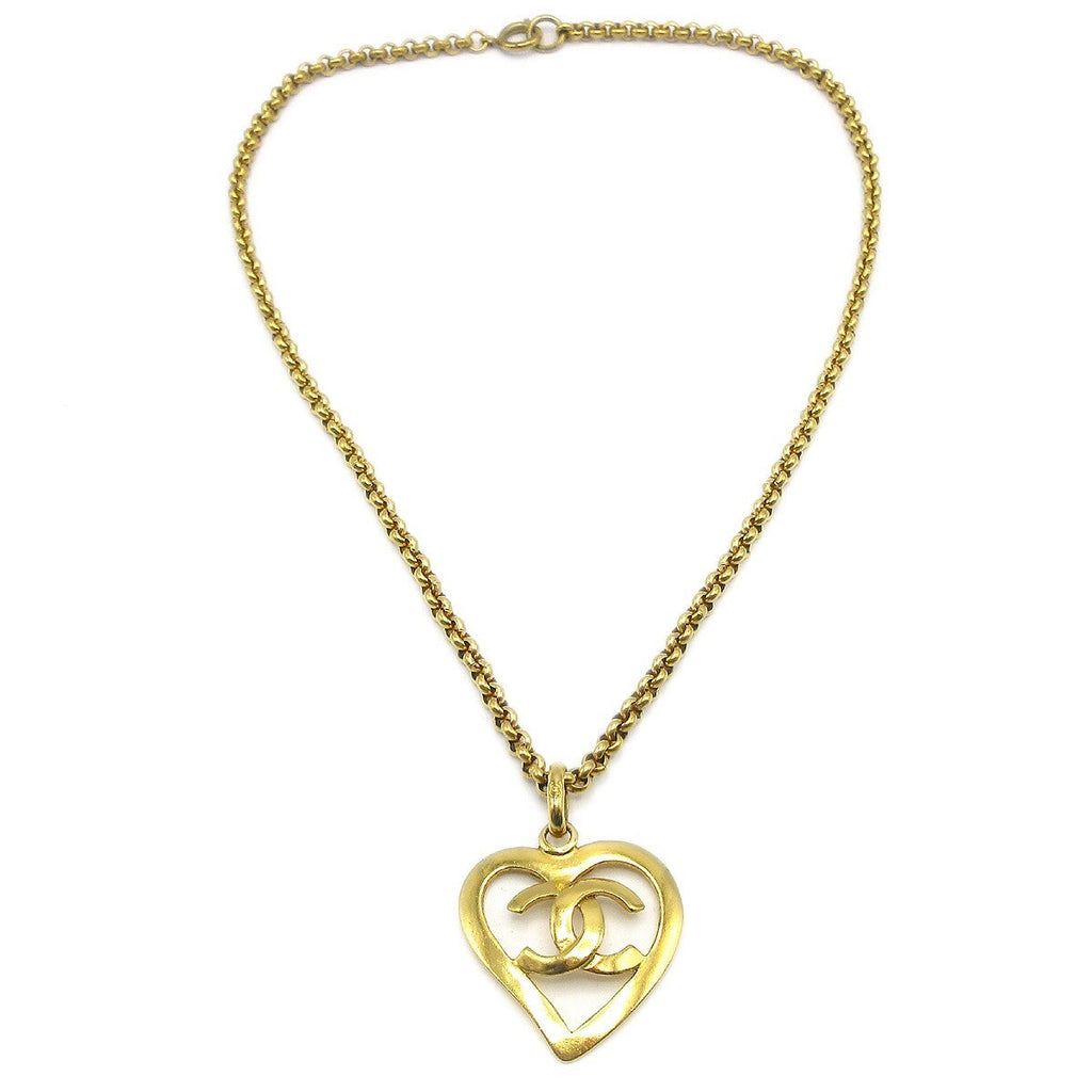 Chanel Cc Heart Pendant Necklace Metal Gold Gold_Plated Necklace Jewelry