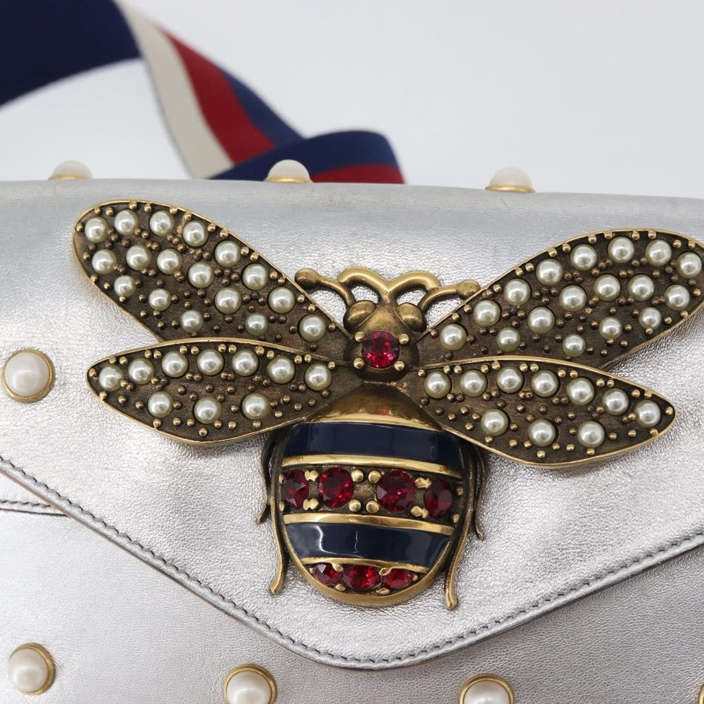 Gucci Broadway Pearly Bee Shoulder Bag Embellished Leather Silver Leather Shoulder Bag Bag (Pre-Owned)