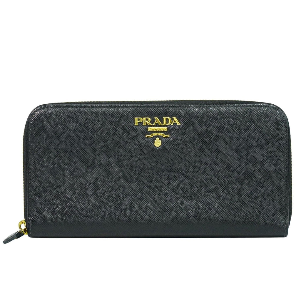 Prada Zip Around Tab Wallet Saffiano Leather Black Leather Wallets Accessory